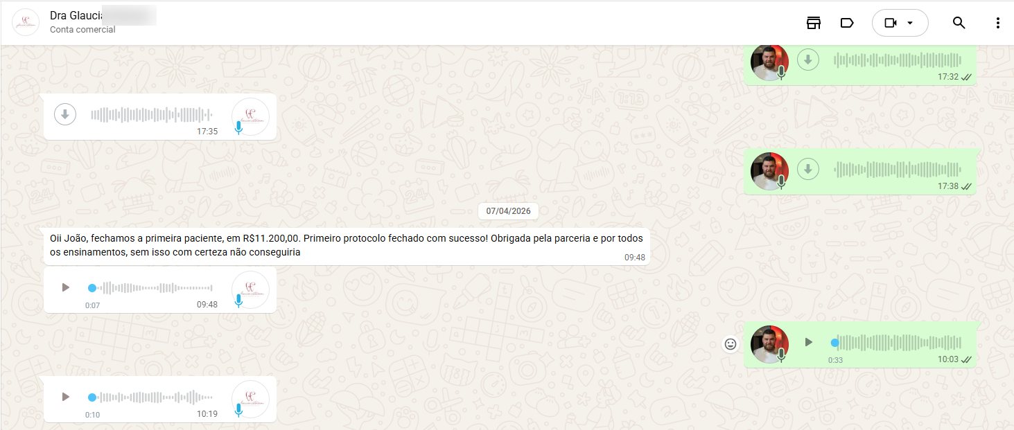 Print do WhatsApp: fechamos a primeira paciente em R$ 11.200,00, primeiro protocolo fechado com sucesso
