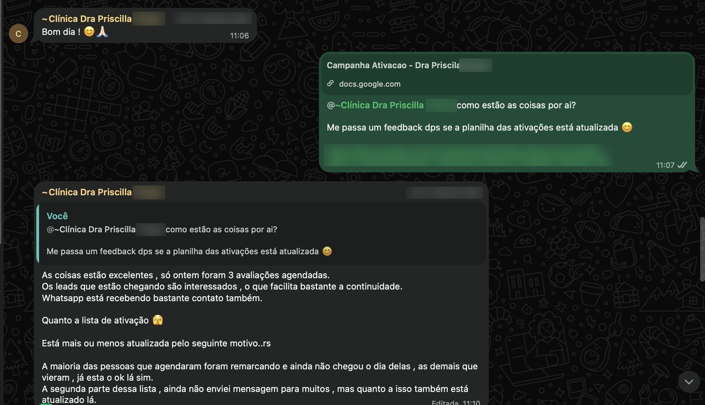 Print do WhatsApp: as coisas estão excelentes, só ontem foram 3 avaliações agendadas, as pacientes que estão chegando são interessadas