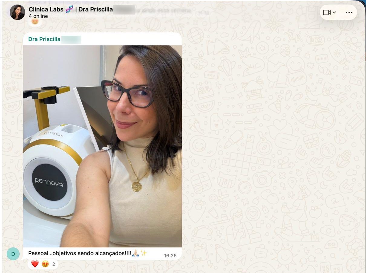 Print do WhatsApp: foto da Dra. Priscilla com a legenda objetivos sendo alcançados